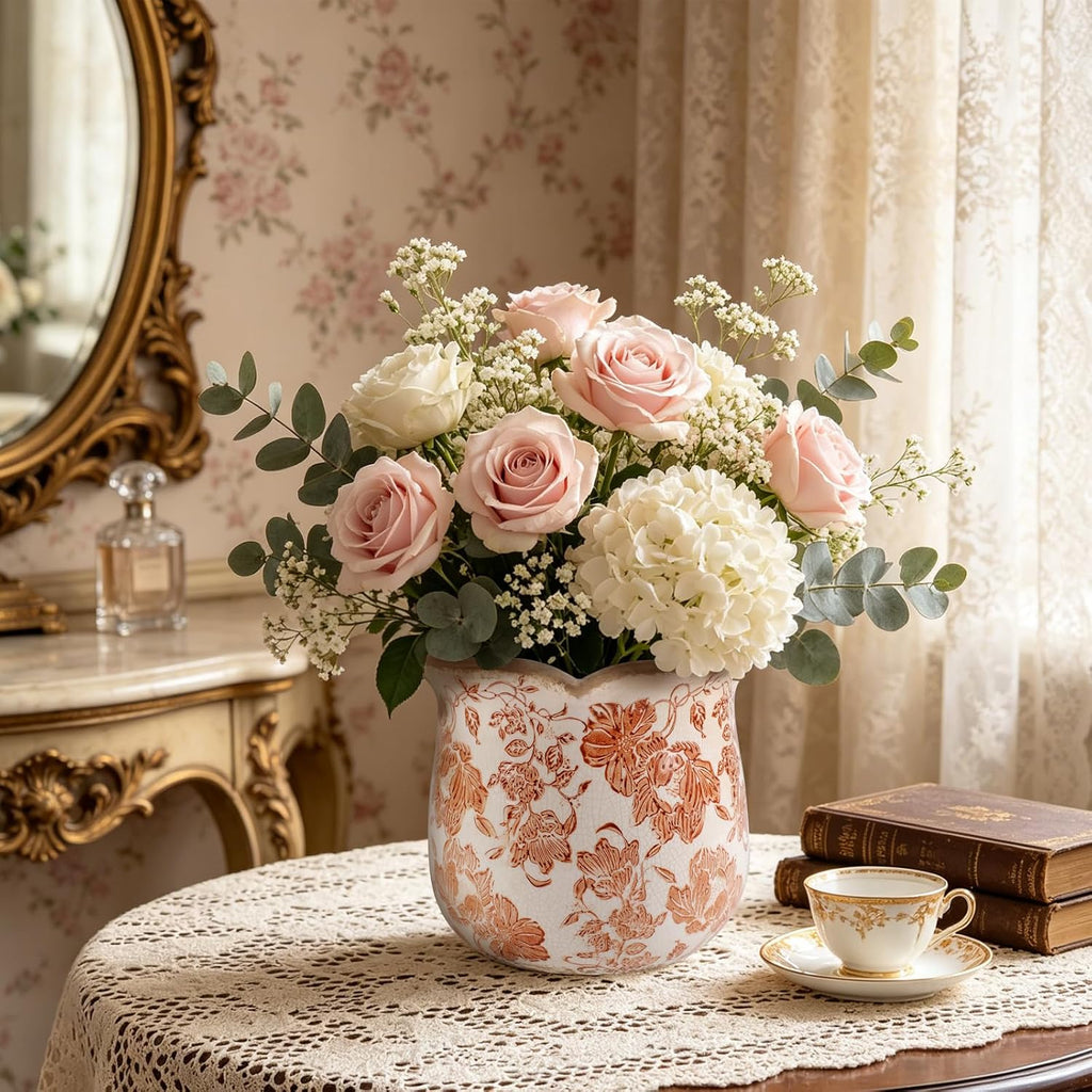 Ceramic-Planters-for-Indoor-Plants with Saucer, 6 inch Vintage Ice Crackle Glaze Plant Pots with Drainage Holes