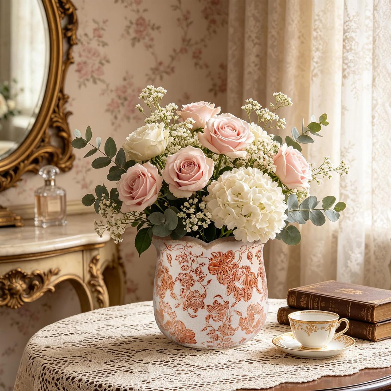 Ceramic-Planters-for-Indoor-Plants with Saucer, 6 inch Vintage Ice Crackle Glaze Plant Pots with Drainage Holes