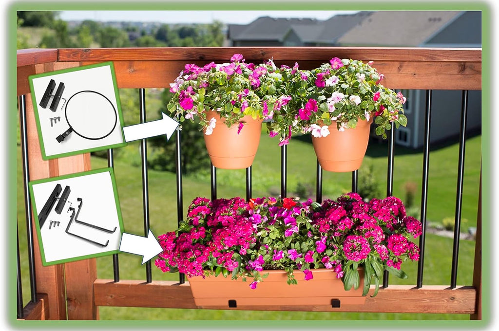 Deck Railing Plant Container Holder/Bracket Kit for Round Pot Planters (10") Connects Harmlessly to Vertical Spindled