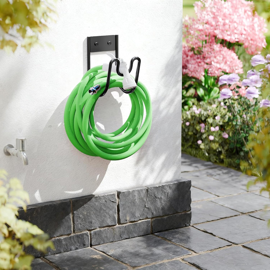 Black Metal Garden Hose Holder - Wall Mounted Water Hose Holder - Hose Hanger Heavy Duty for Water Hose Extension Cords