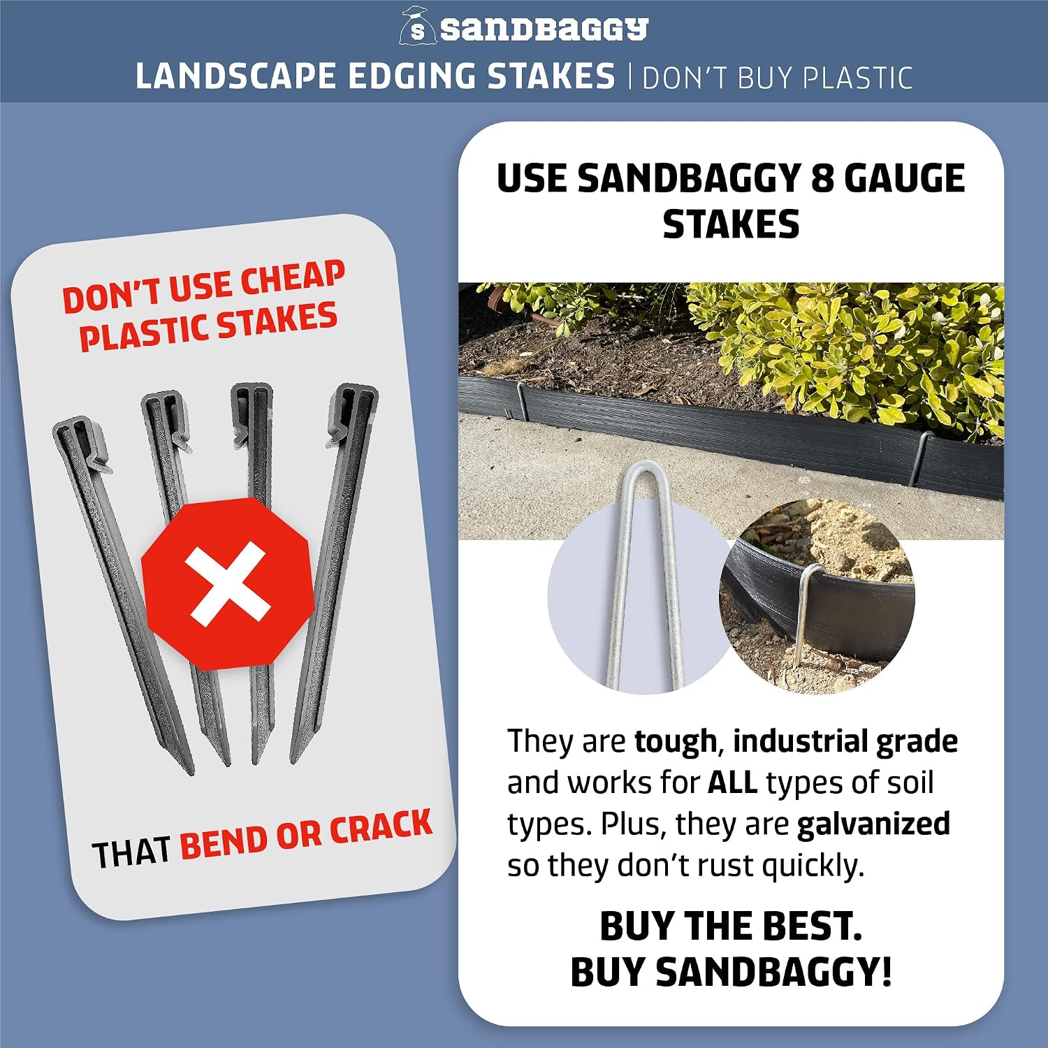 Sandbaggy 10-Inch Steel Landscape Edging Stakes Staples | More Sturdy Than Plastic Stakes | Works for All Landscape