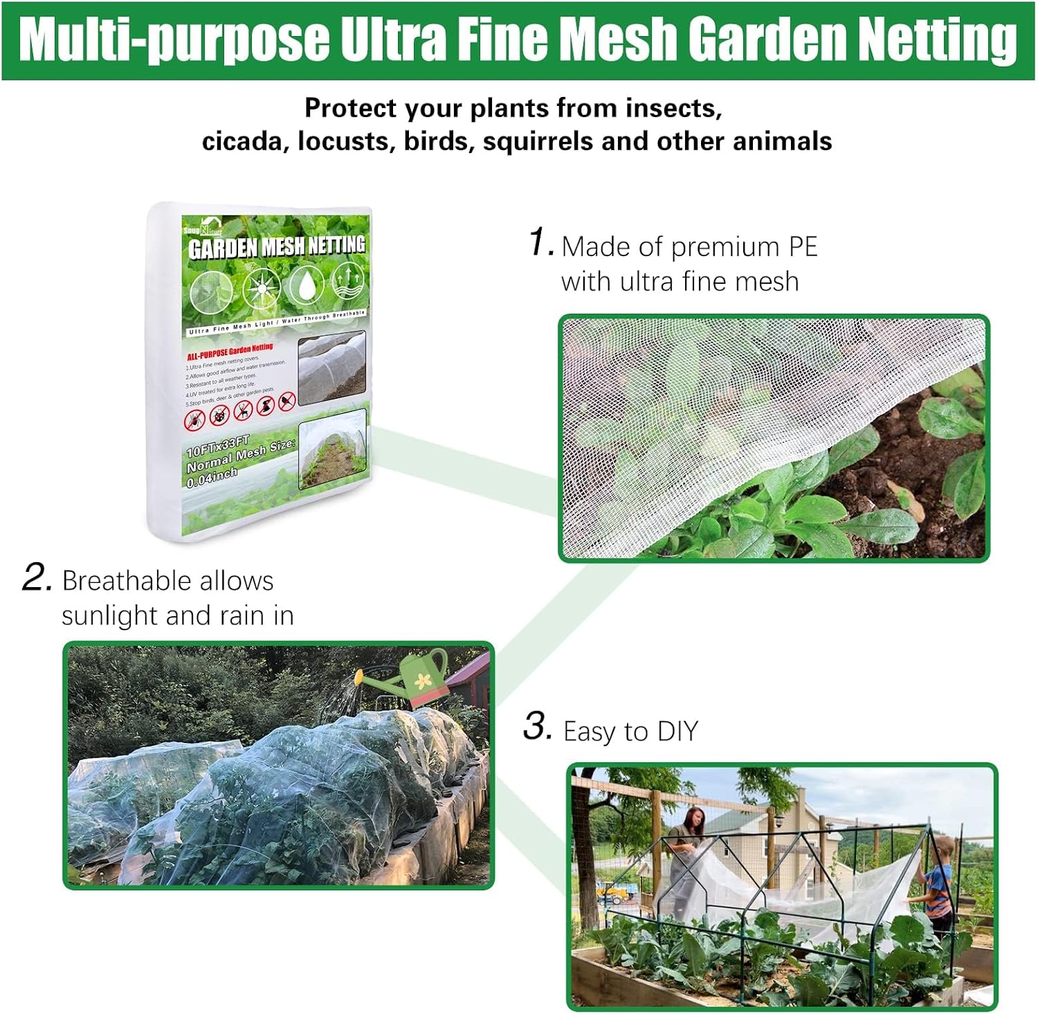 Garden Netting, Ultra Fine Mesh, 10x50FT, White, Easy to Install | Mosquito net plant covers, protect fruits, flowers