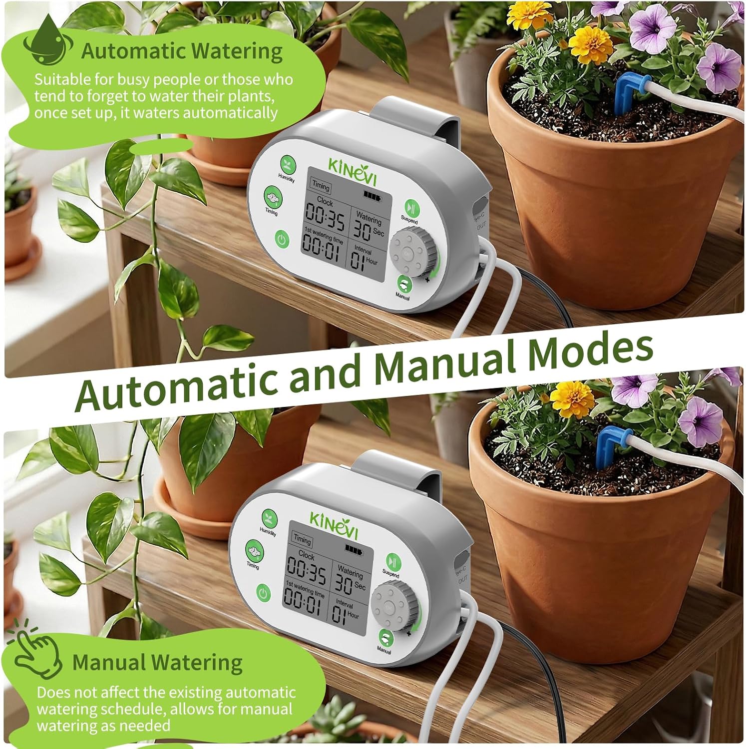 Automatic Plant Waterer for 15 Pots, Indoor Drip Irrigation Kit | Programmable Water Timer with Smart Humidity Sensor