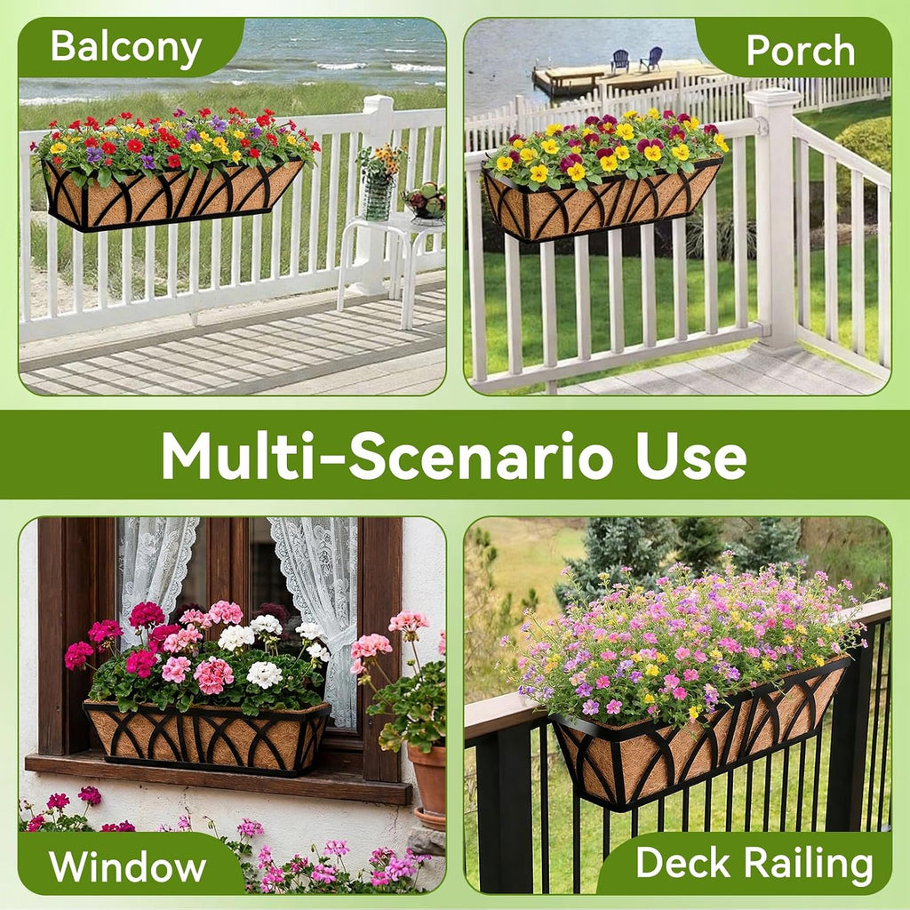 Halatool 24 Inch Railing Planter Box, 2 Pack Heavy Duty Window Box Planters | Metal Balcony Planters with Natural Coco