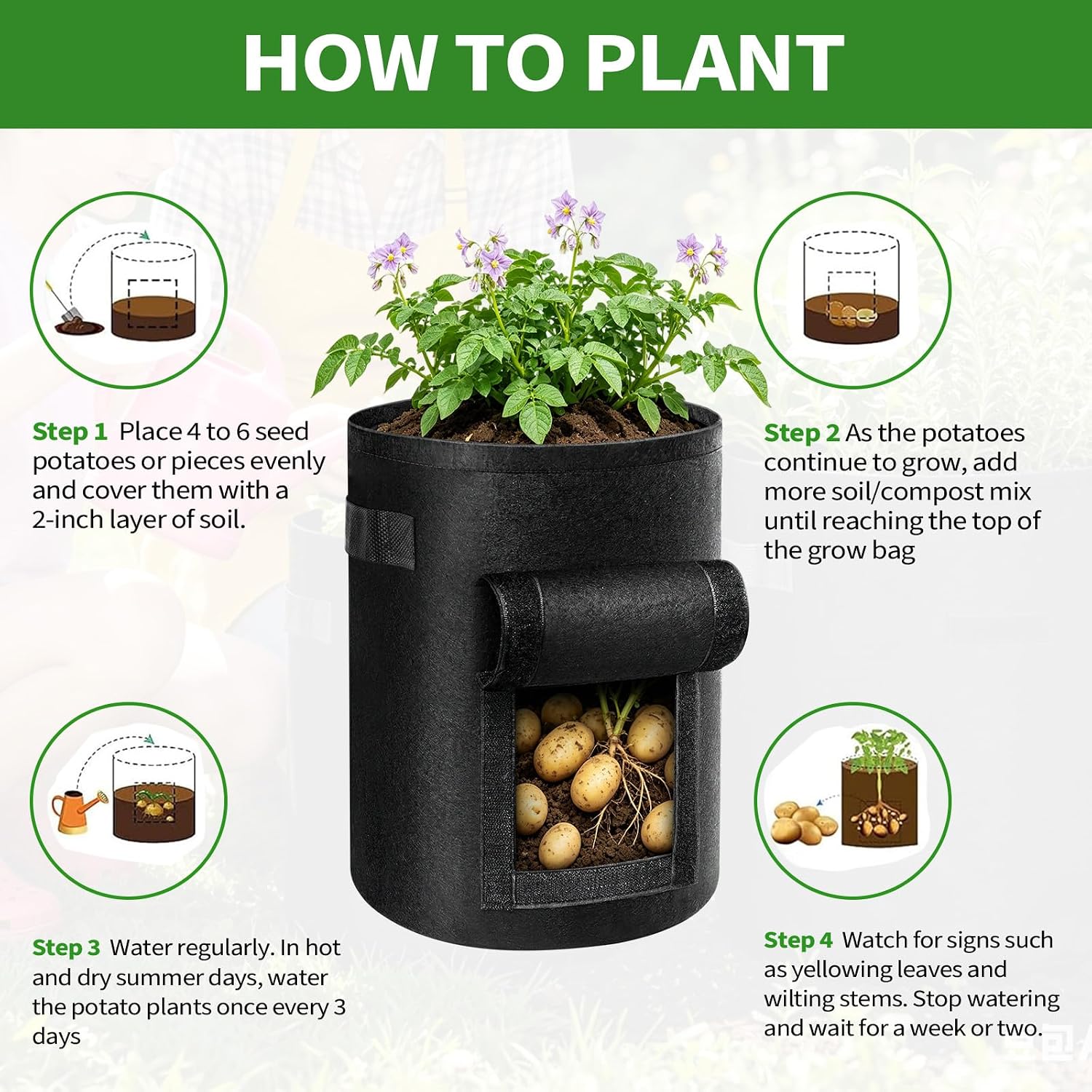 6 Pack Potato Grow Bags (15/10/5 Gallon, 2 of Each) with Harvest Window, Garden Planting Bag with Reinforced Handles
