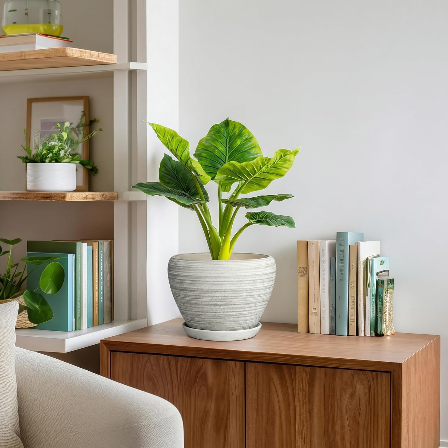 Indoor Plant Pots 8 Inch - Ceramic Plant Pots with Drainage Hole and Saucer, Large Flower Pot for Indoor Plants