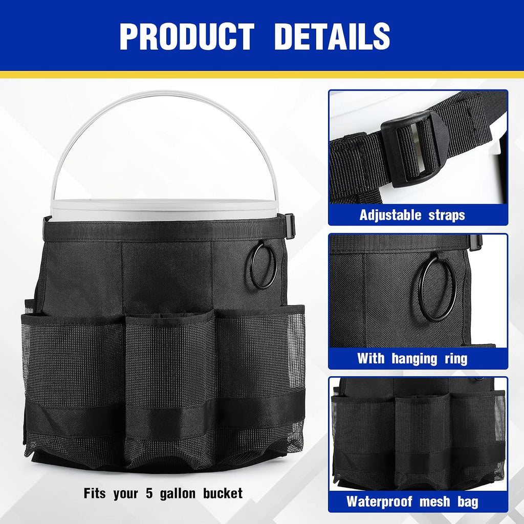 2 Pcs Bucket Organizer for 5 Gallon Car Wash Caddy Bucket Tool Bag with 6 Mesh Pockets for Cleaning Garden Fishing