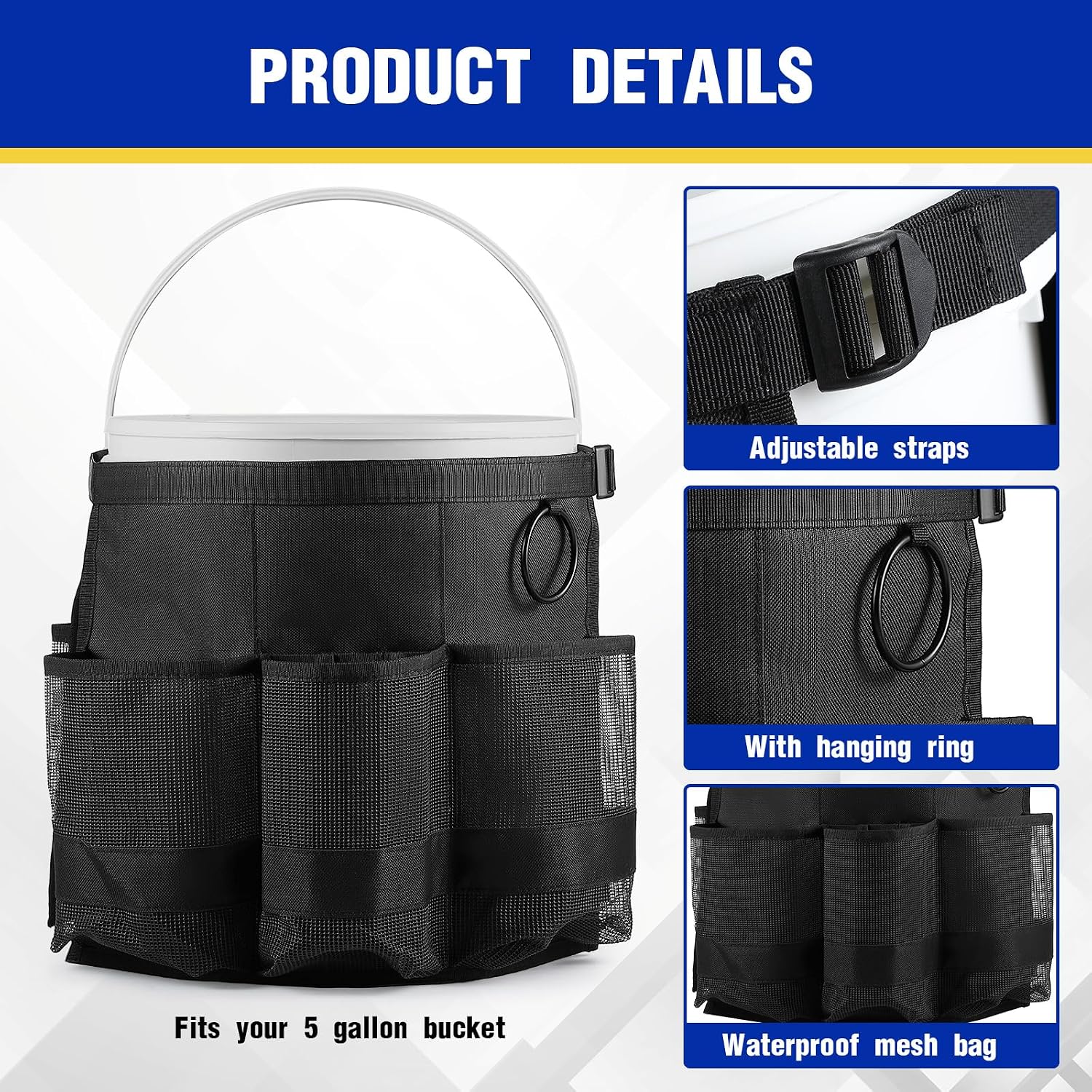 2 Pcs Bucket Organizer for 5 Gallon Car Wash Caddy Bucket Tool Bag with 6 Mesh Pockets for Cleaning Garden Fishing