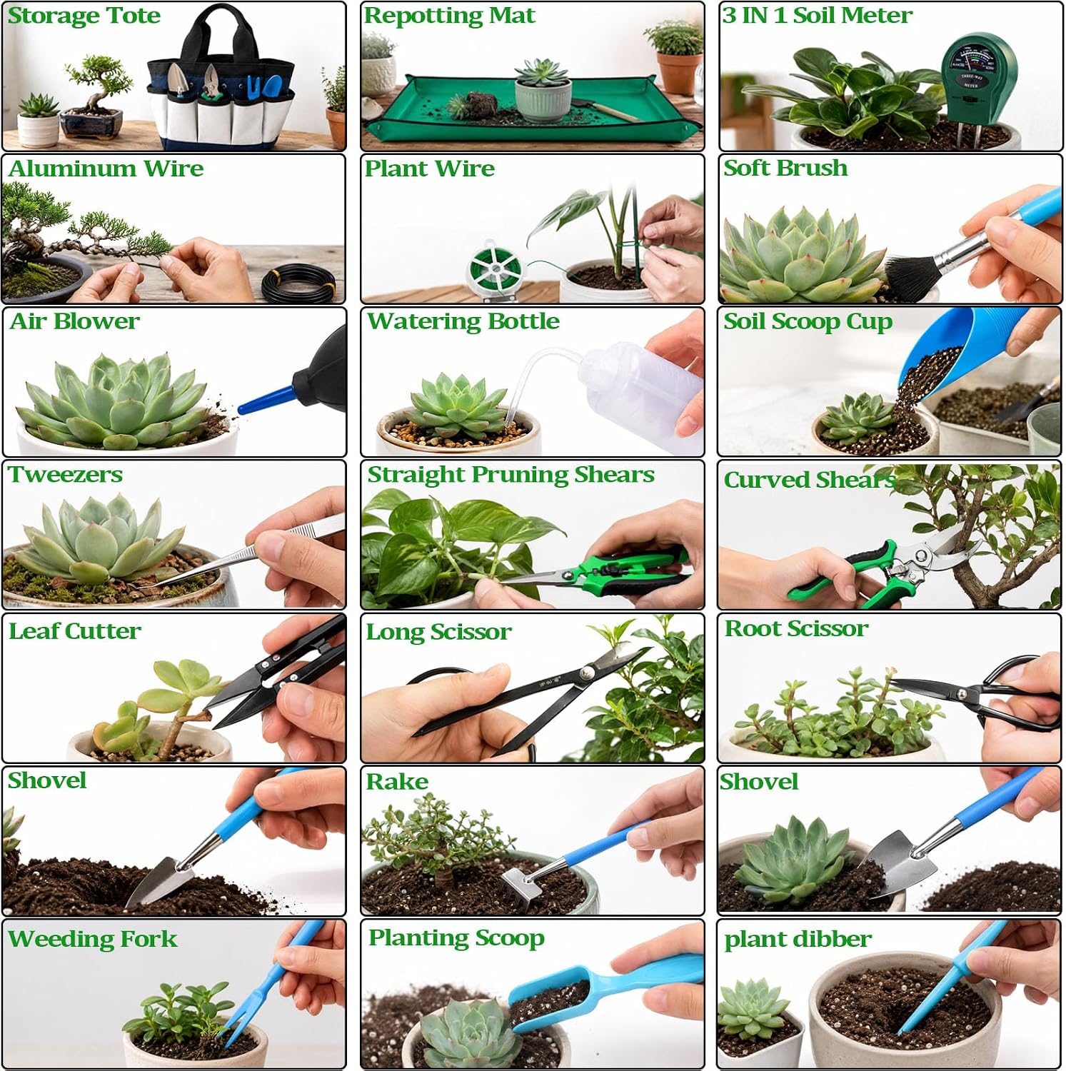 25 Pcs Succulent & Bonsai Tools Set for Beginners, Indoor Plant Care Tool Set with Repotting Mat, Organizer Tote, Soil