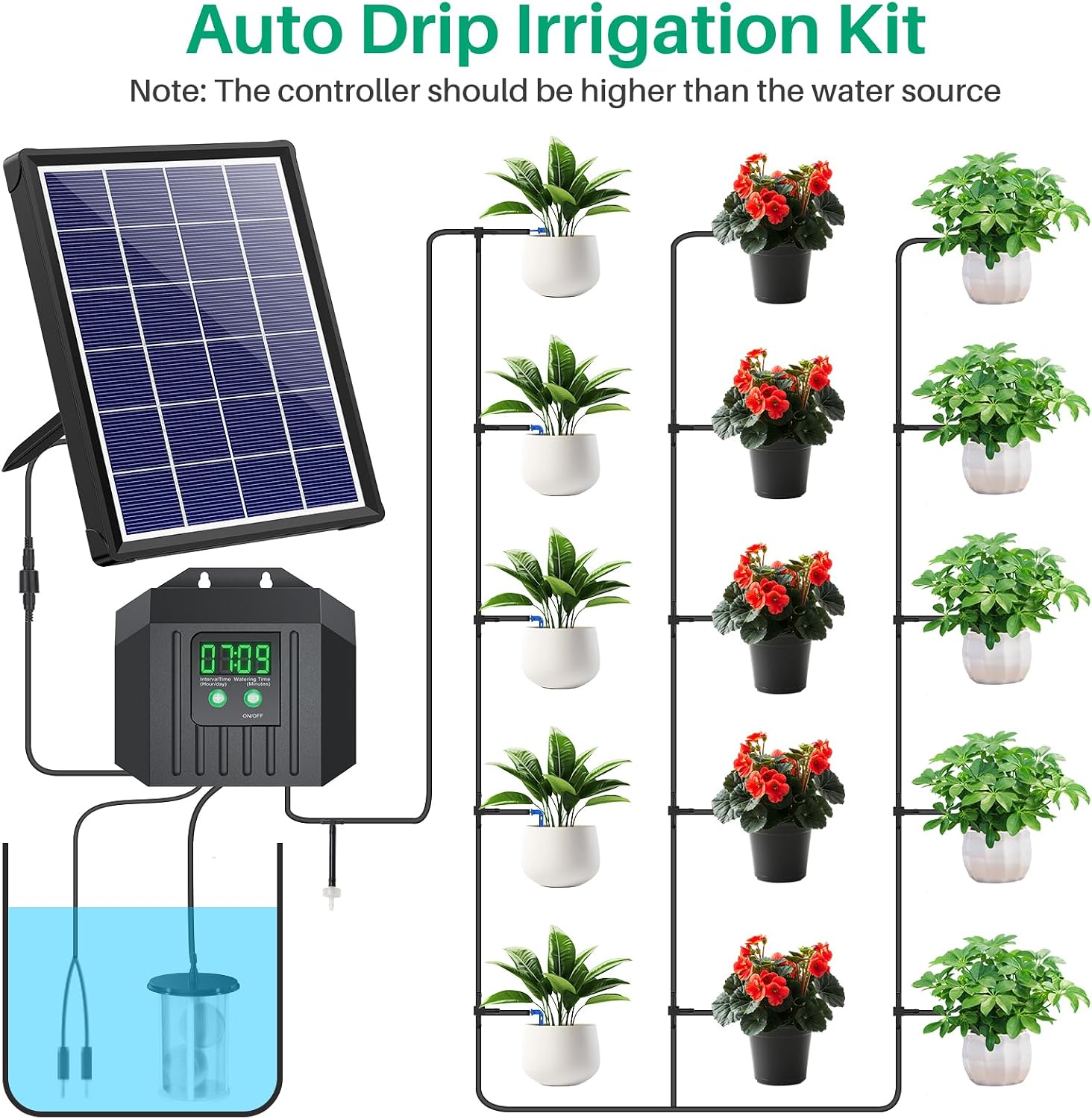 4W Solar Powered Automatic Drip Irrigation Kit with LCD Timer, Customizable Watering Duration 1–30min & Interval 3h–7d