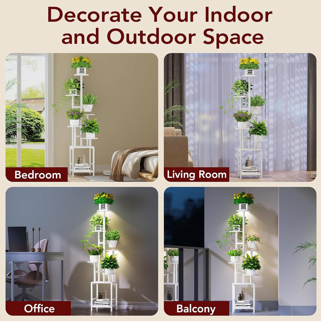 Plant Stand Indoor with Grow Light, 6-Tiered Tall Plant Stand Indoor, Metal Plant Shelf with Hanging Basket Hook and