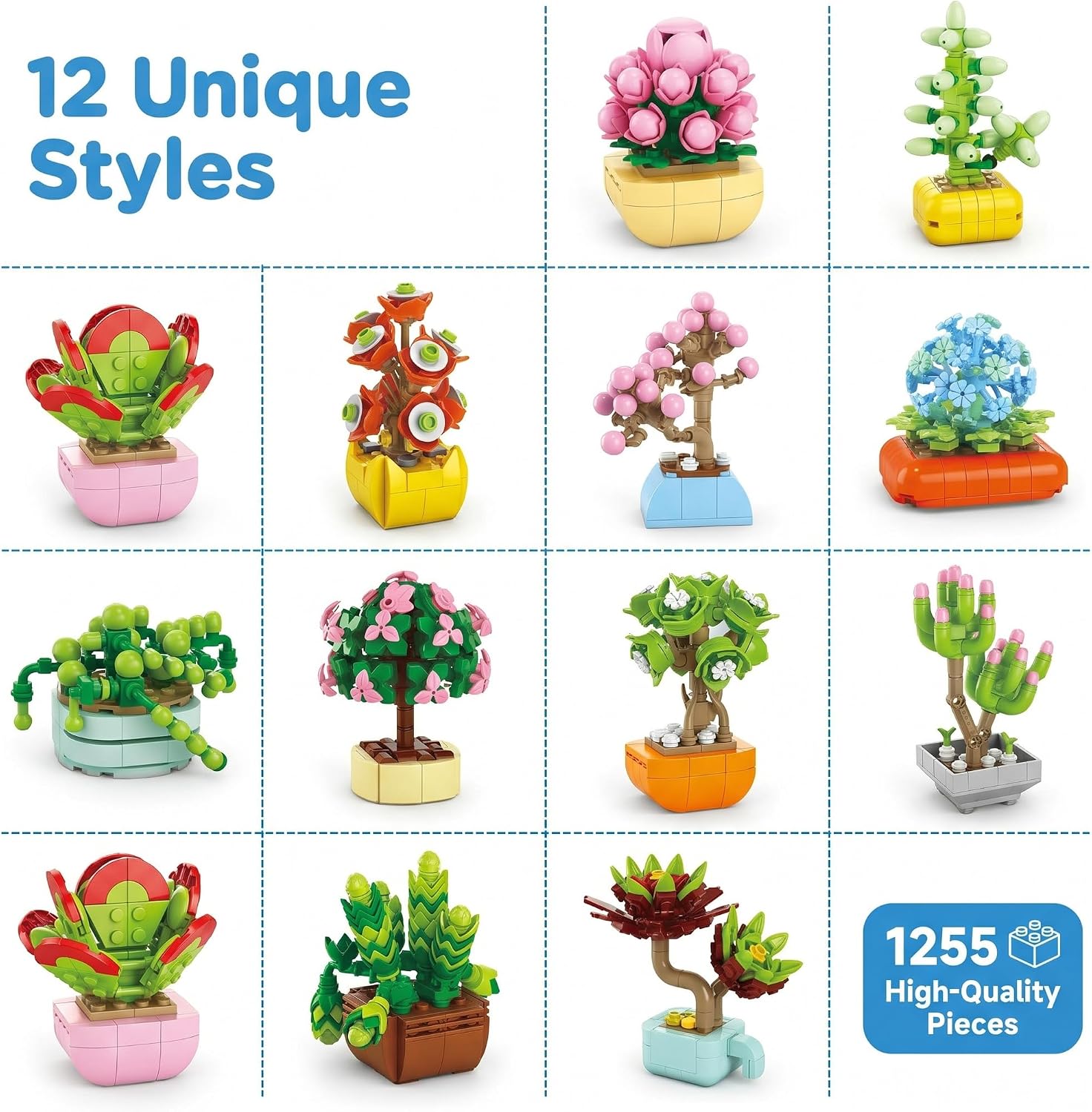 BIZNESMEN 12 Pack Succulent & Flower Building Block Set, 1255 PCS Botanical Garden DIY Kit - Creative STEM & Desk Decor