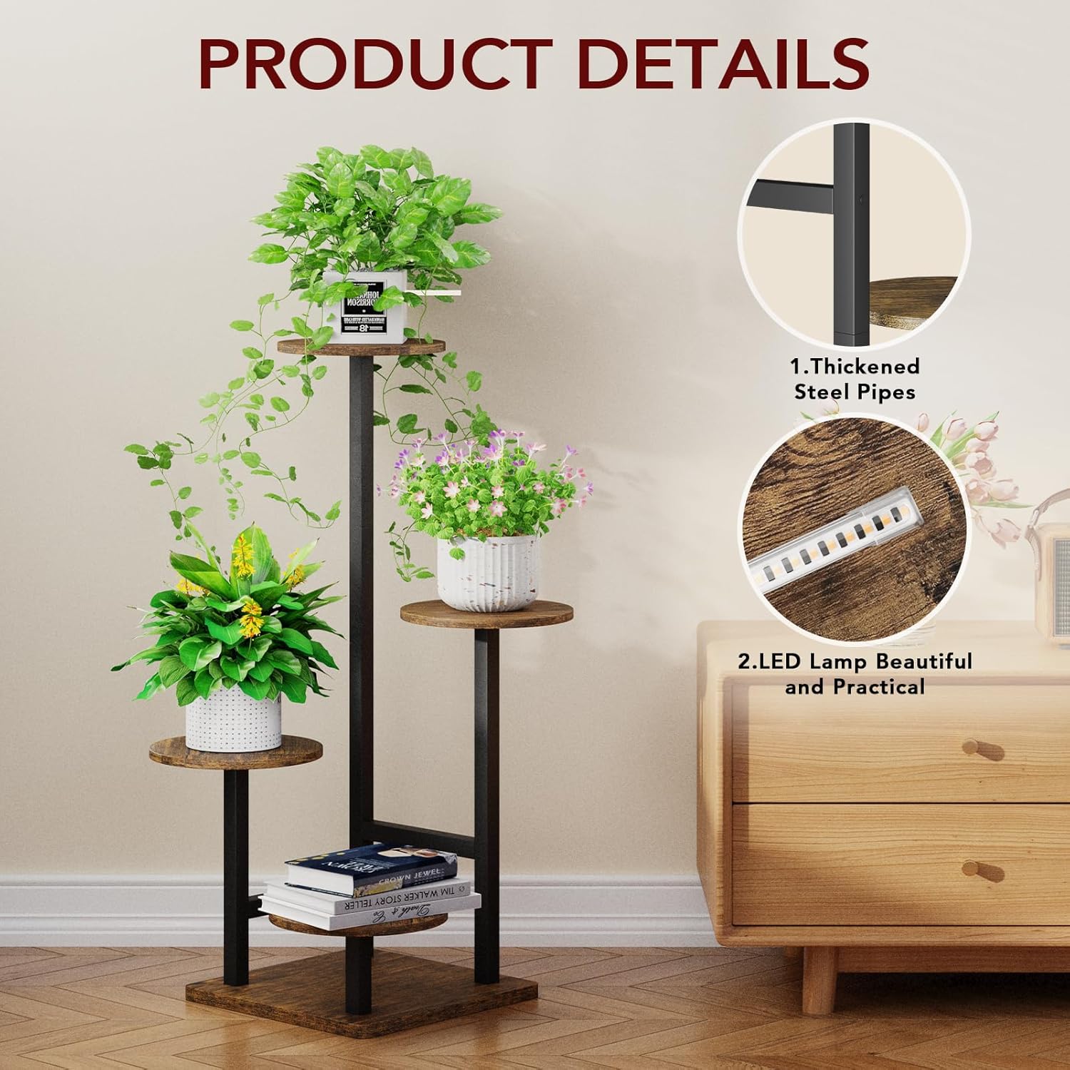 Plant Stand Indoor with Grow Light,4-Tiered Tall Plant Stand Indoor, Metal Plant Shelf with Adjustable Light, Ideal for