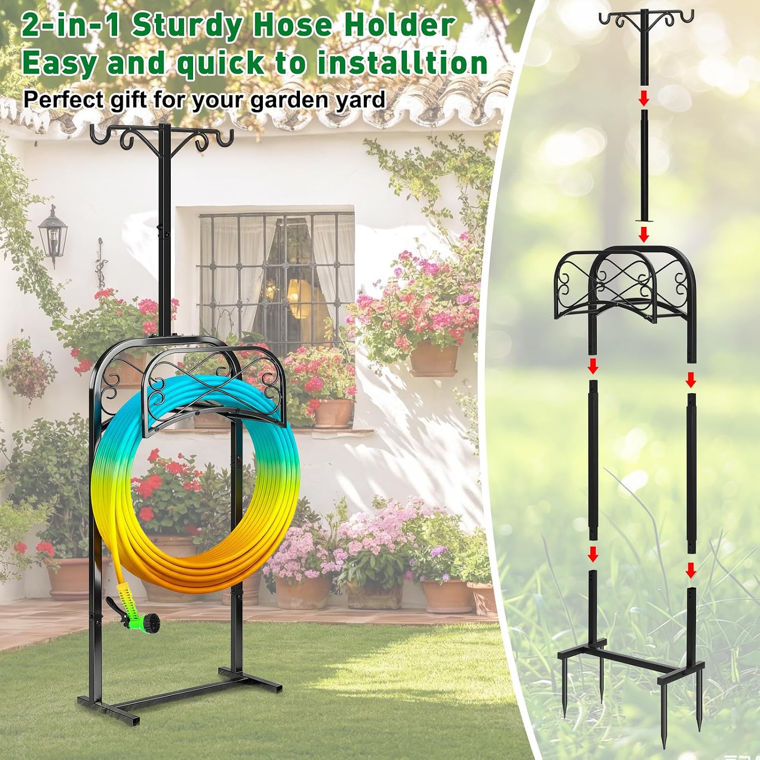 Gtongoko Garden Hose Holder for Outside 70" with 4 Prongs Base & 2 Shepherds Hooks Heavy Duty Freestanding Metal Water