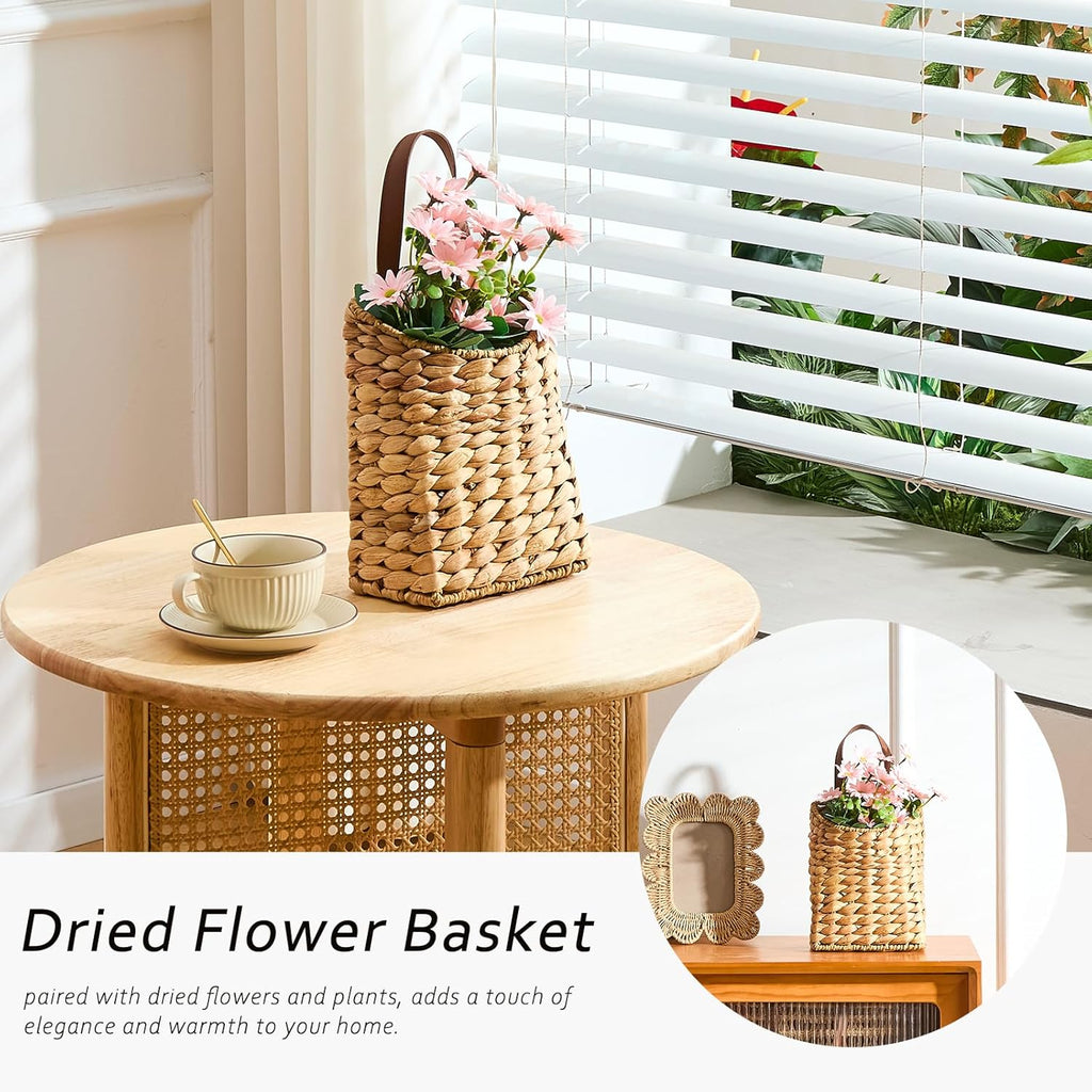 Wall Hanging Pocket Basket Portable Water Hyacinth Storage Basket Decorative Boho Mounted Organizer Dried Flower Plants