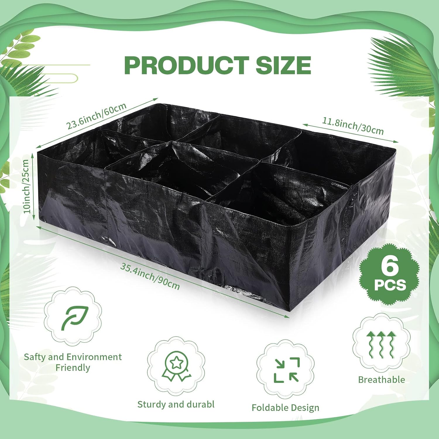6 Pcs 35 Gallon Fabric Raised Garden Bed Breathable Planting Container Grow Bag with 6 Compartments Rectangle Large