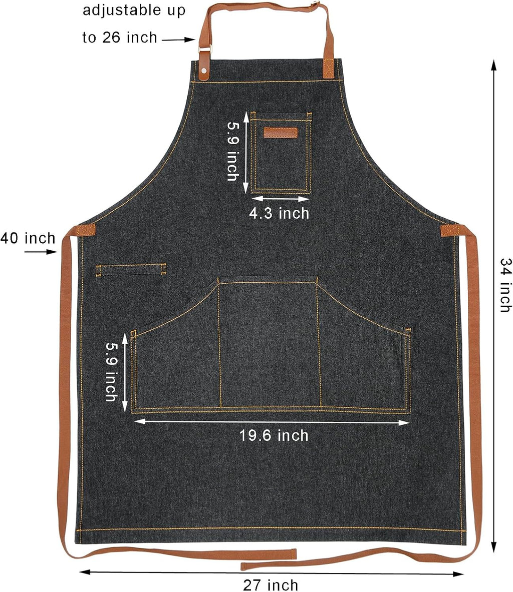 Black Kitchen Apron with Pockets & Towel Loop for Men Women, Denim | Professional for Chef Cooking BBQ Grill Gardening
