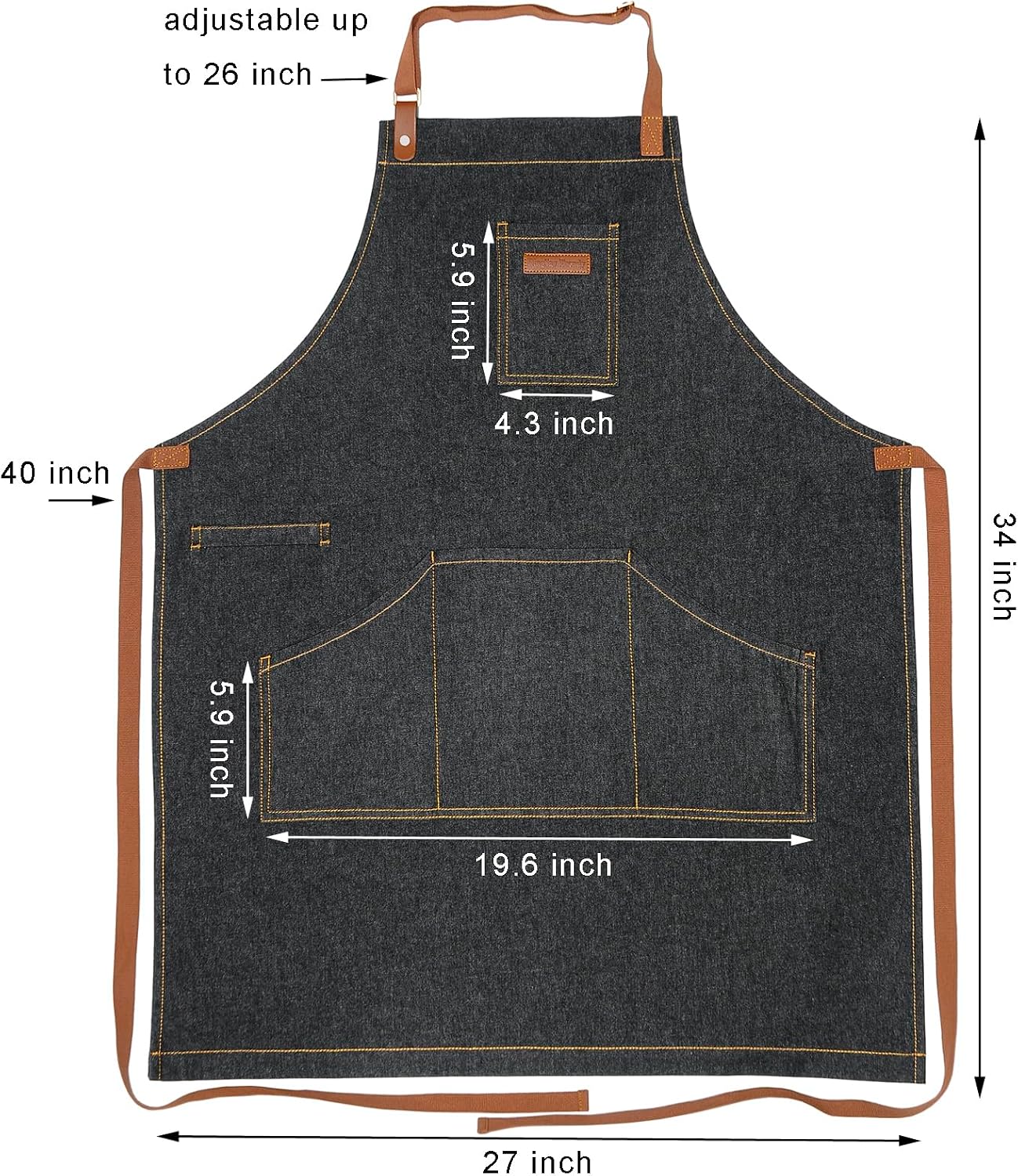 Black Kitchen Apron with Pockets & Towel Loop for Men Women, Denim | Professional for Chef Cooking BBQ Grill Gardening