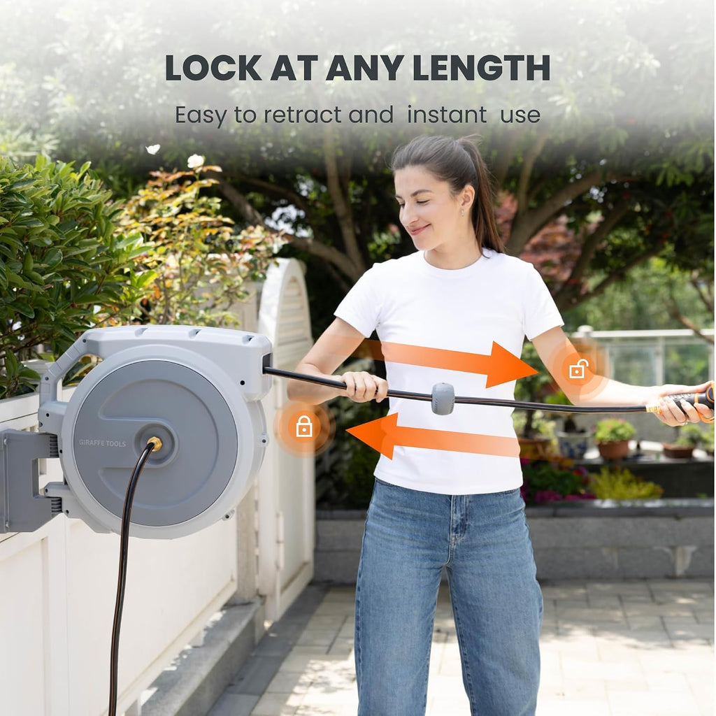 Giraffe Tools Retractable Garden Hose Reel 1/2"130FT Wall Mount Light Grey | Any Length Lock,Auto Rewind System,180°
