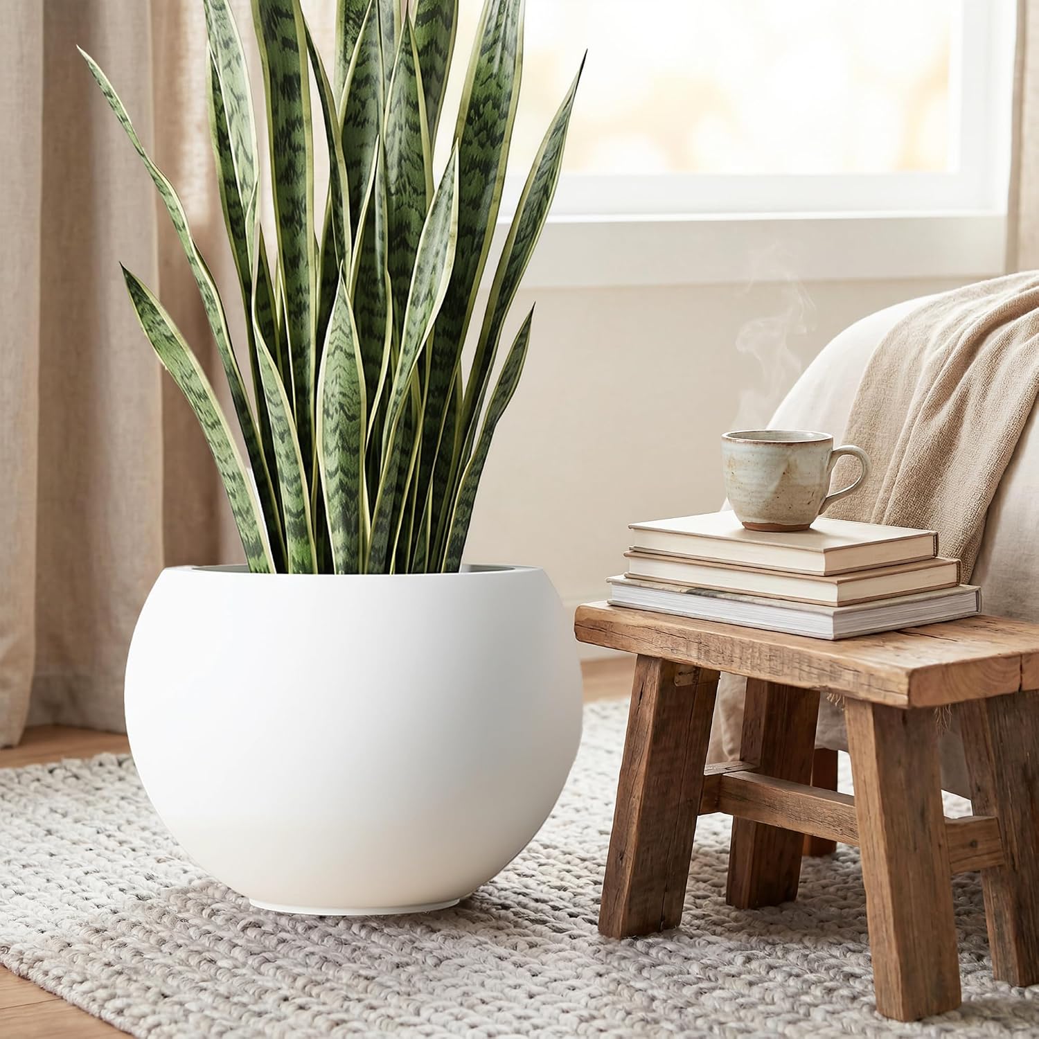 10" H x 14" Dia White Fiberstone Planter Pot with Drainage Hole, Large Round Indoor Outdoor Flower Pot for Plants