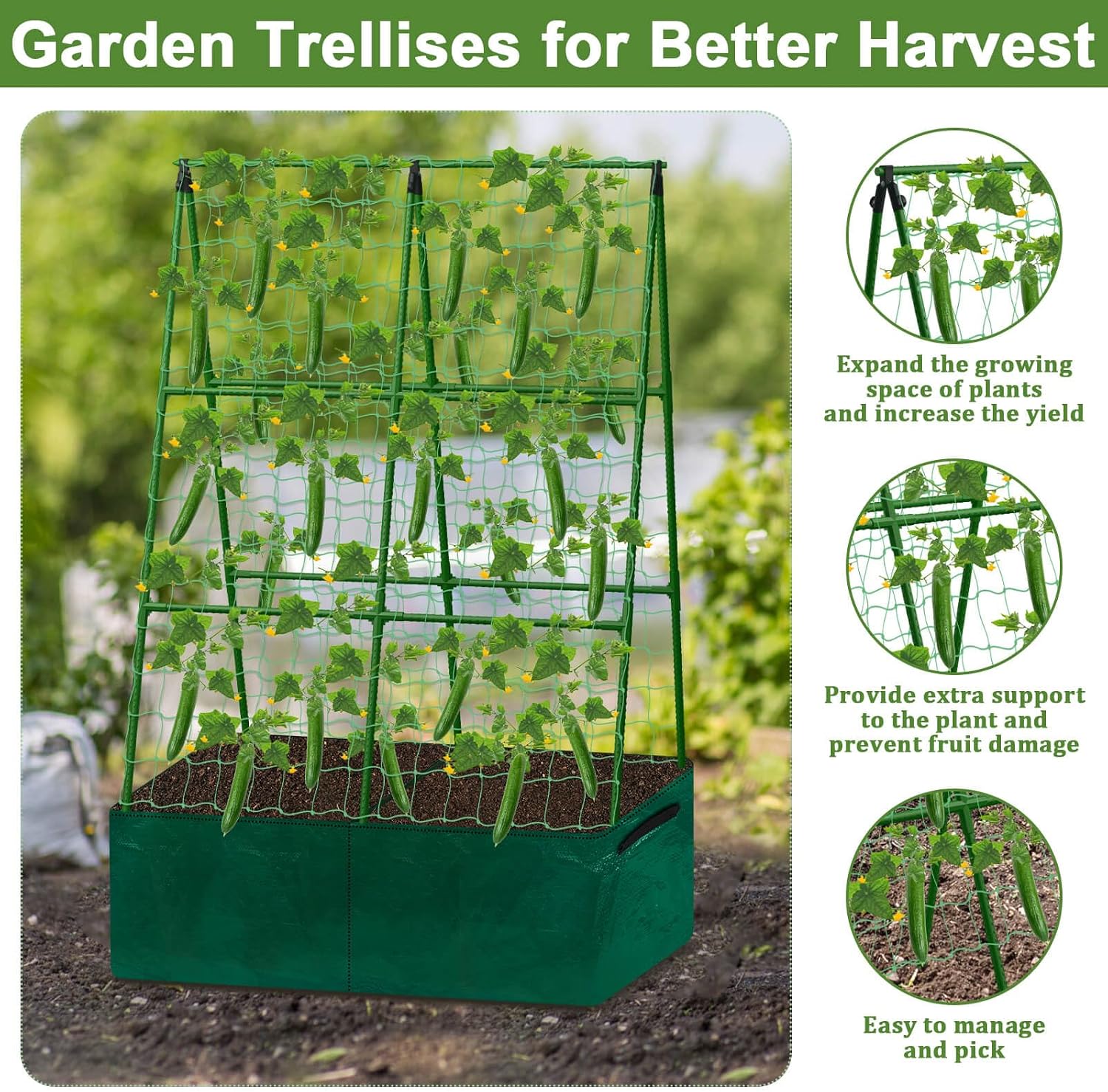 Tidponra Cucumber Trellis for Garden, 34 X 47 Inches A Frame Gardening Trellis with Fabric Raised Garden Bed, Climbing