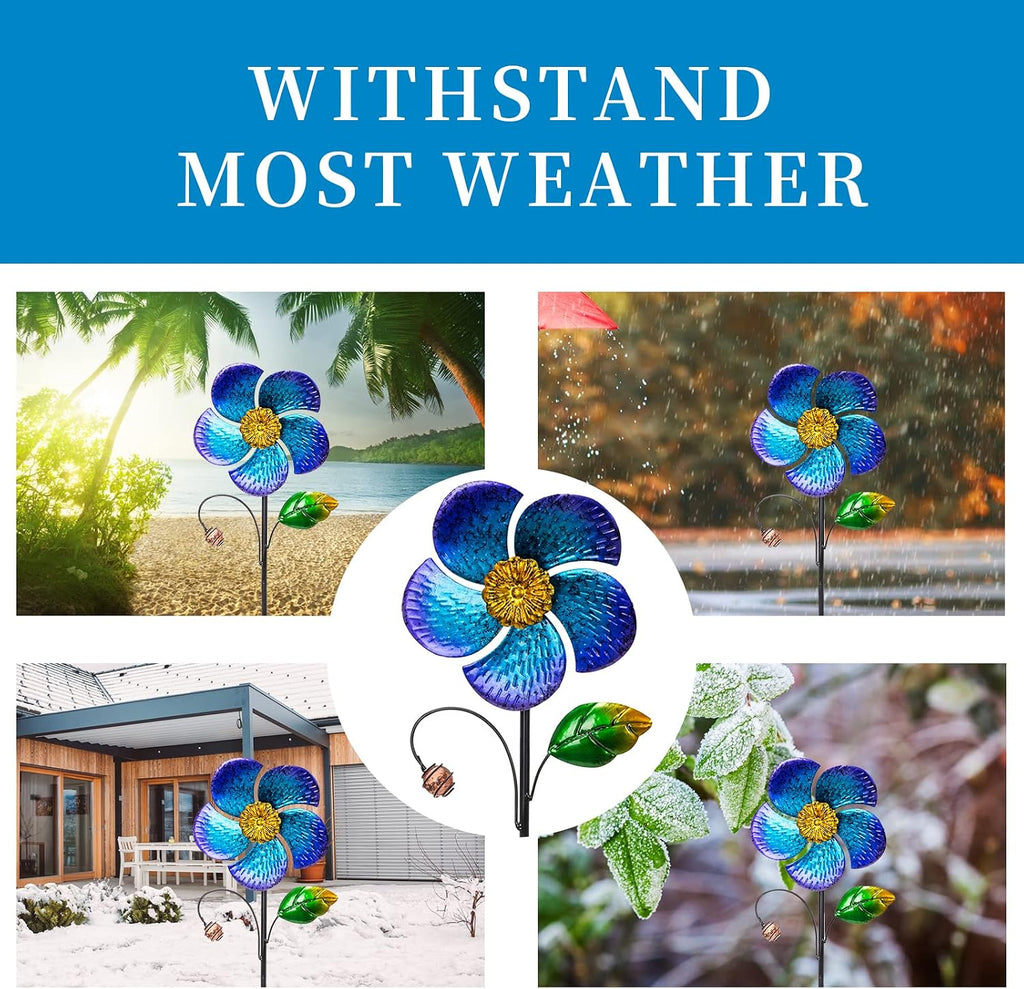 Viveta 2 Pack Wind Spinners with Metal Stake, Outdoor Garden Pinwheels | Blue Flower Shape Design Garden Spinners for