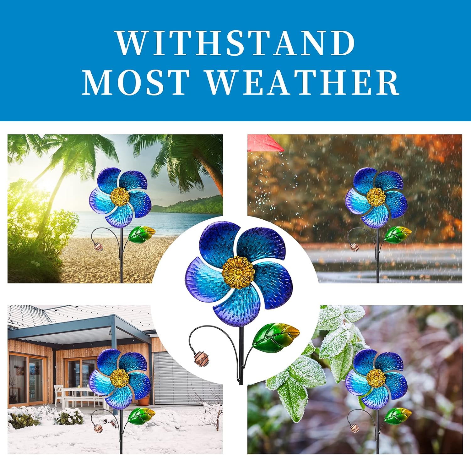 Viveta 2 Pack Wind Spinners with Metal Stake, Outdoor Garden Pinwheels | Blue Flower Shape Design Garden Spinners for