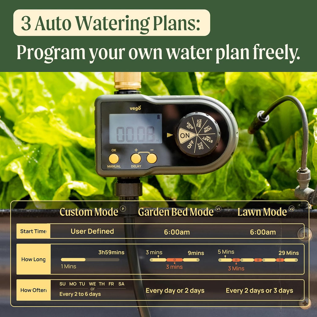 Vego Sprinkler Timer with Brass Inlet- Watering Timer for Garden Hose with Rain Delay/Manual Watering/Automatic