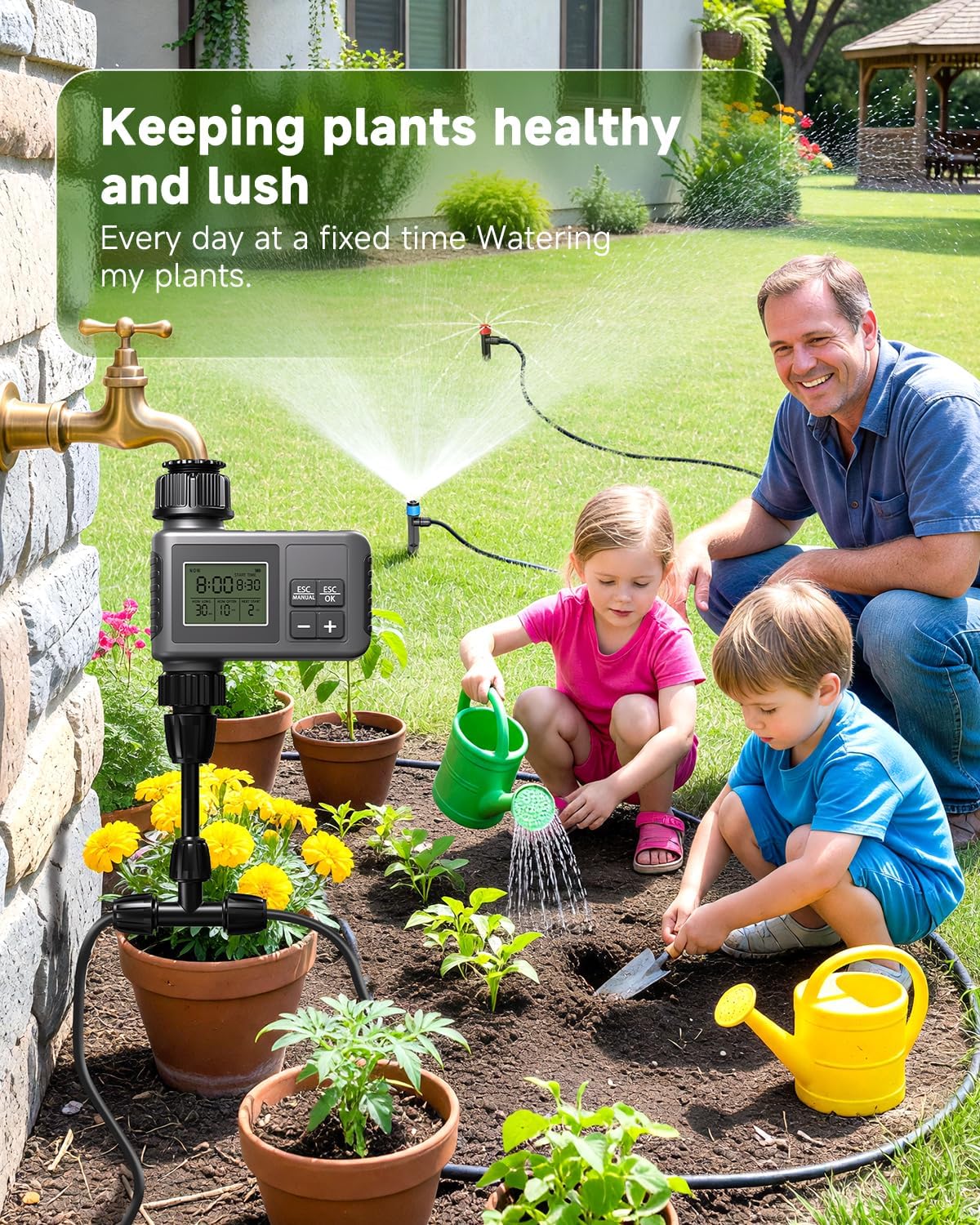 124FT Drip Irrigation System with LCD Timer, Automatic Watering System Kits,5/16 Inch Hose 1/4 Inch Distribution Tubing