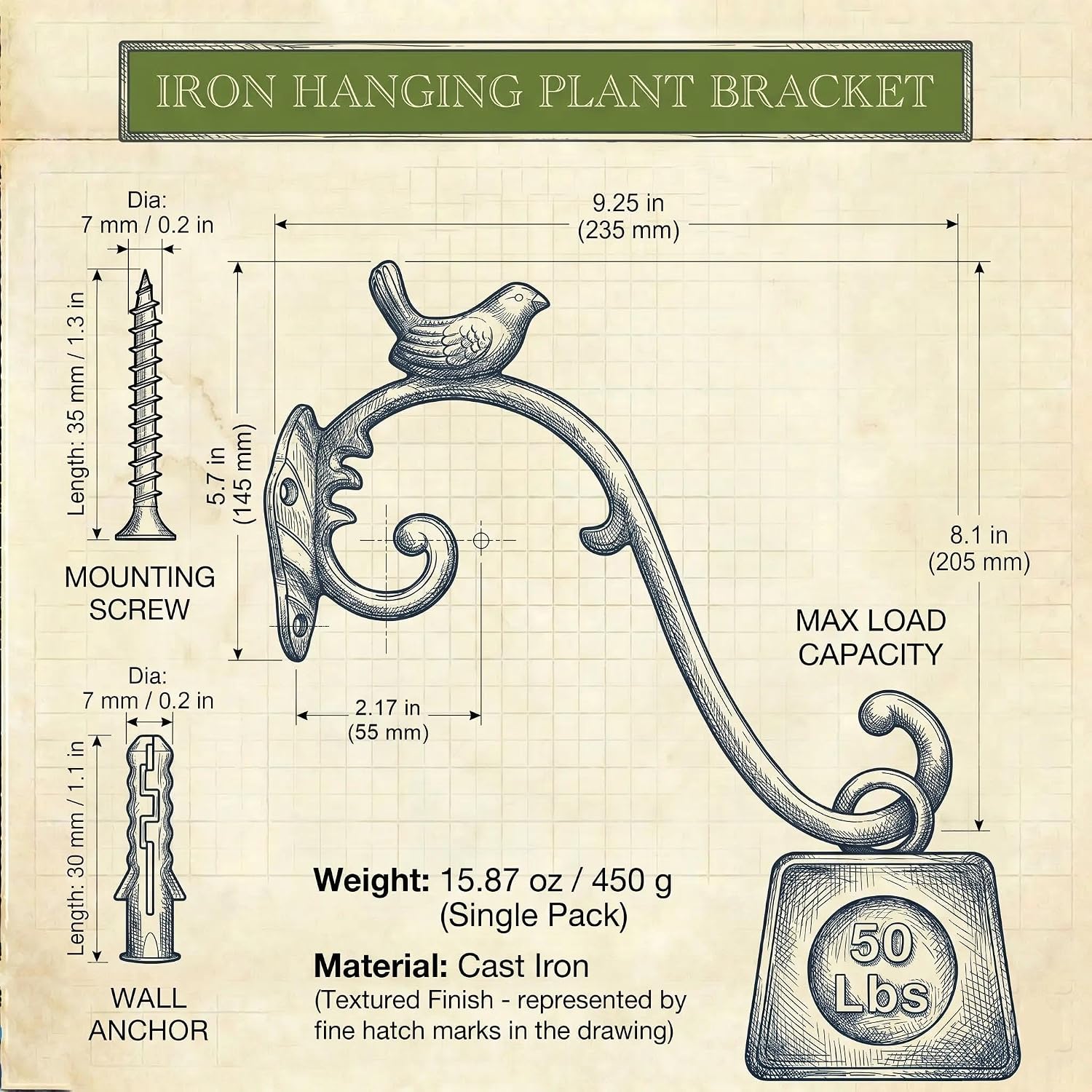 Z metnal Cast Iron Plant Hanger - Bird Rustic Wall Mounted Hanging Basket Holder for Outdoor Garden, Patio, Porch Decor