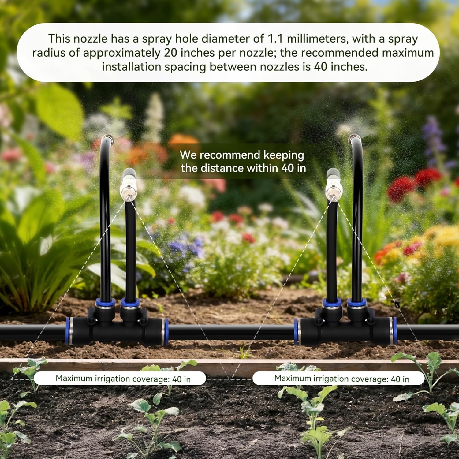 100-FT1/2-inch Tubing High-Flow Adjustable Irrigation System for the Garden | with 60 Nozzles, Dual-Side Watering Kit