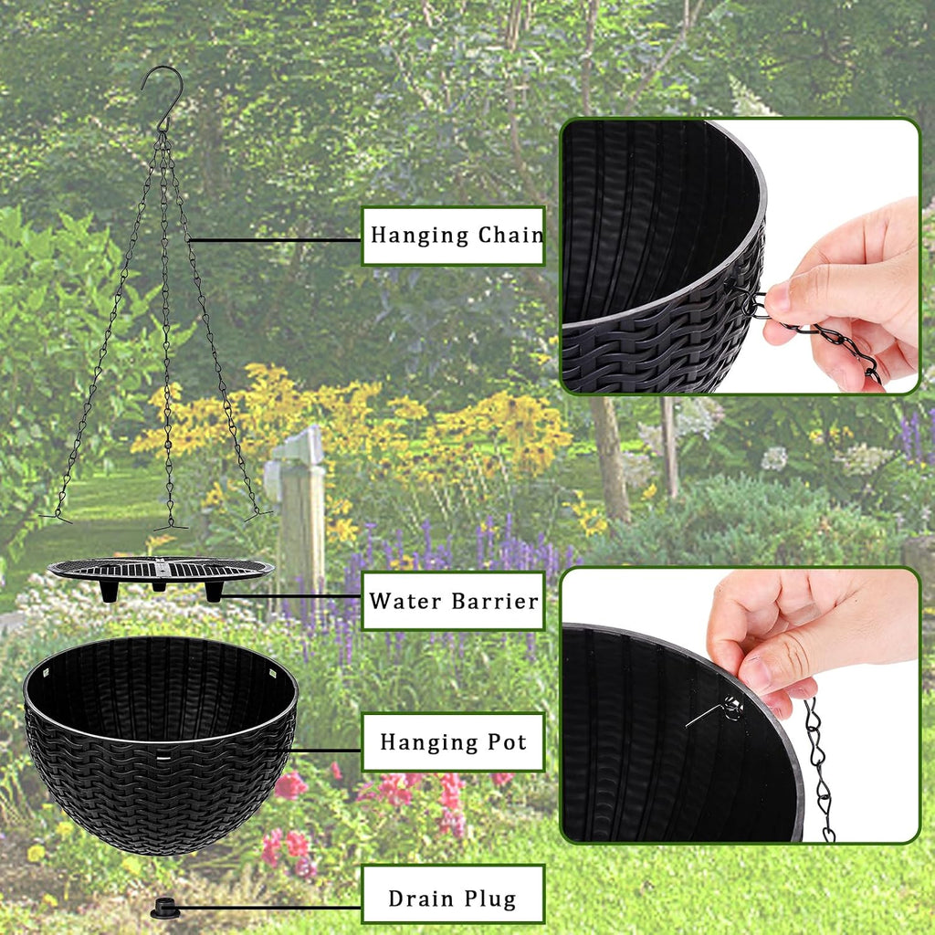 Foraineam 4 Pack Black Hanging Planters, 8.2 inch Hanging Flower Basket Planter Pots, Garden Plant Pot Container