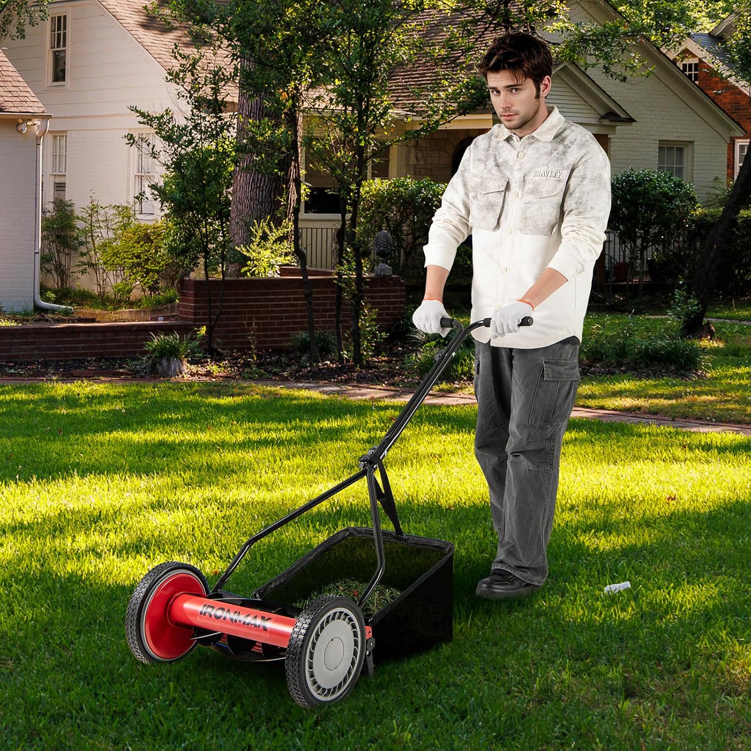 IRONMAX 14 Inch 5-Blade Push Reel Mower, Removable Grass Catcher, Red | 4-Level Adjustable Cutting Heights, Lightweight