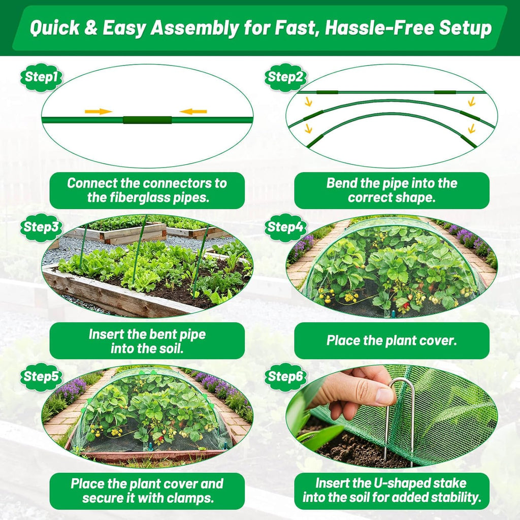 Garden Mesh Netting Kit, 7 Sets Garden Hoops with 10x30 ft Garden Covers | Bird Netting with 12 Clips, Garden