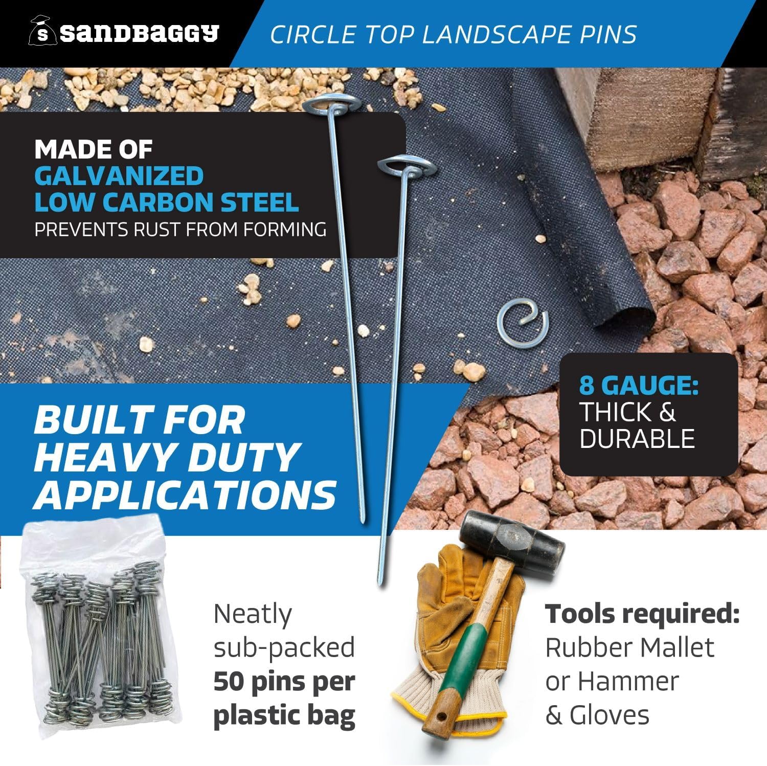 Sandbaggy 12 Inch Rust-Free Circle Top Pins | Industrial Grade 8 Gauge Galvanized Steel | Great for Hard & Rocky Soil