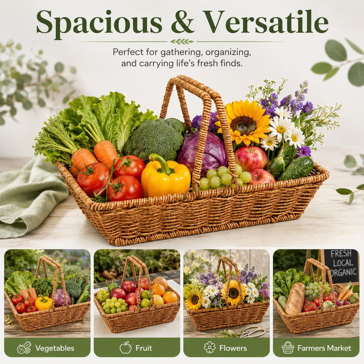 Handwoven Wicker Garden Trug & Harvest Basket with Handles, Garden Flower Baskets for Gathering Vegetables & Gathering