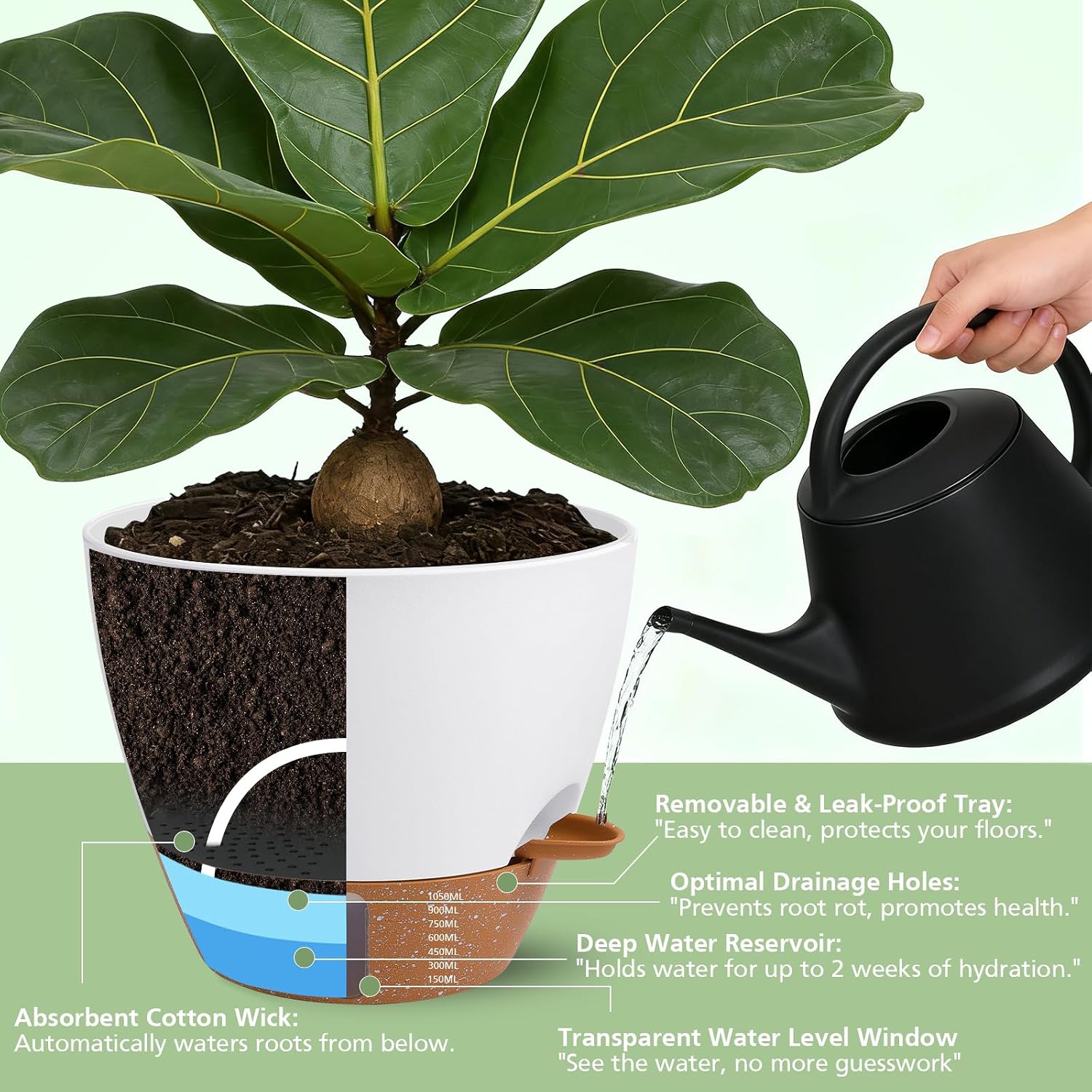 Self Watering Pots with Water Level Indicator, 12" 10" 9" 8" Large Plastic Flower Pots with Mesh Drainage Hole and