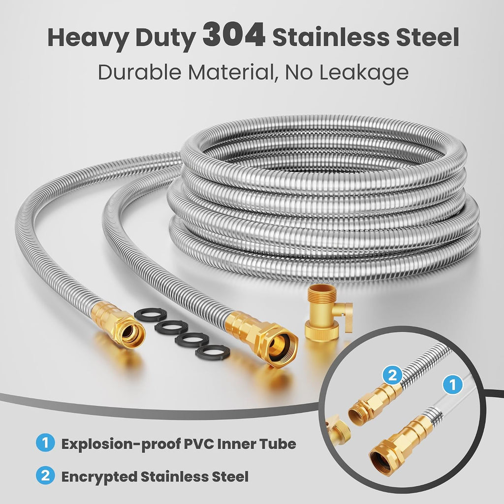 Giraffe Tools Garden Hose 50ft x 5/8", 304 Stainless Steel Metal Water Hose | Kink Free Garden Water Hose with 9