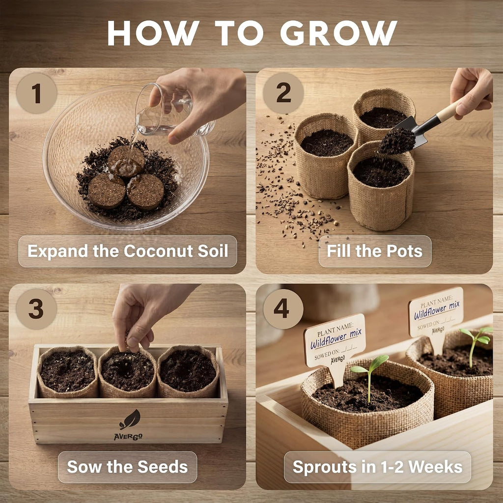 Wildflower Seed Mix Growing Kit - Perennial Wild Flowers | Ideal Gift - Also Includes Planters, Soil, Wooden Box, and