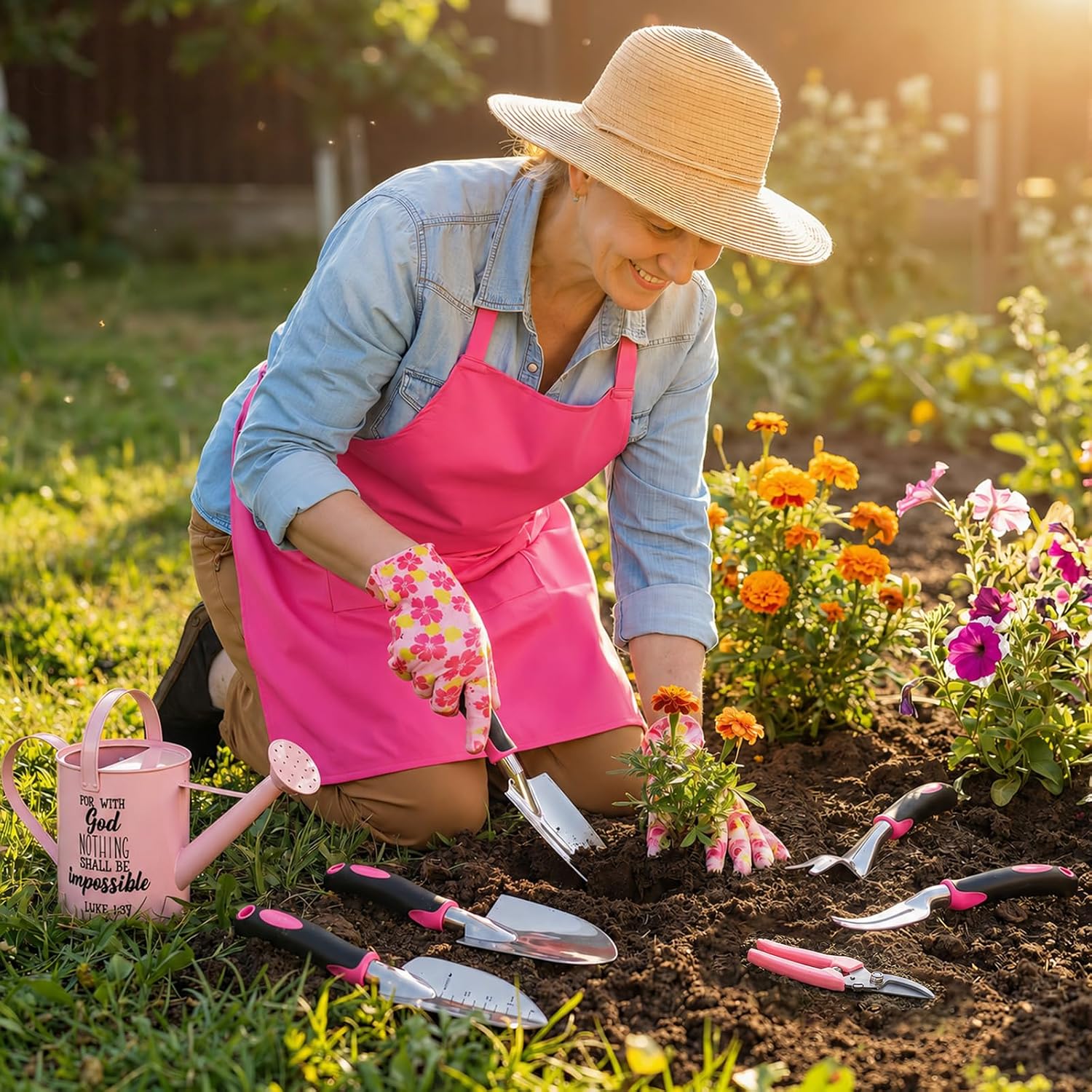 Blueweenly 9 Pcs Watering Can Garden Tools Kit with Bible Verse Christian Gardening Gifts for Women with Heavy Duty
