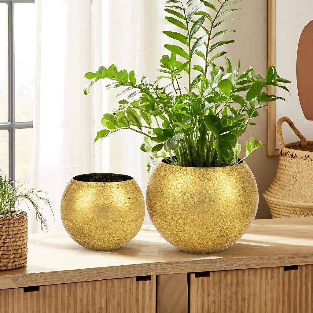 Oairse Round Gold Metal Flower Pots - 2 PCS Galvanized Planters with Drainage Hole Farmhouse Rustic Garden Rustproof