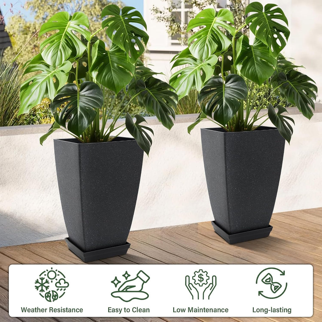 Neoaider Set of 2 Tall Planter, 21 inch Large Plastic Planter, Cement Gray | Ceramic-Look, Lightweight, Built-in Drain