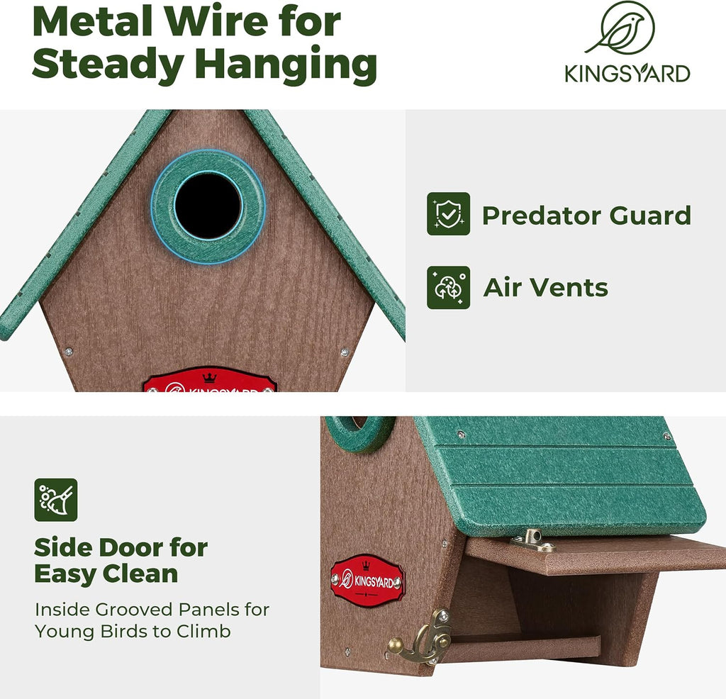 Kingsyard Recycled Plastic Bird House for Outdoors - Hanging Nesting Box with Predator Guard & Air Vents for Wren Finch