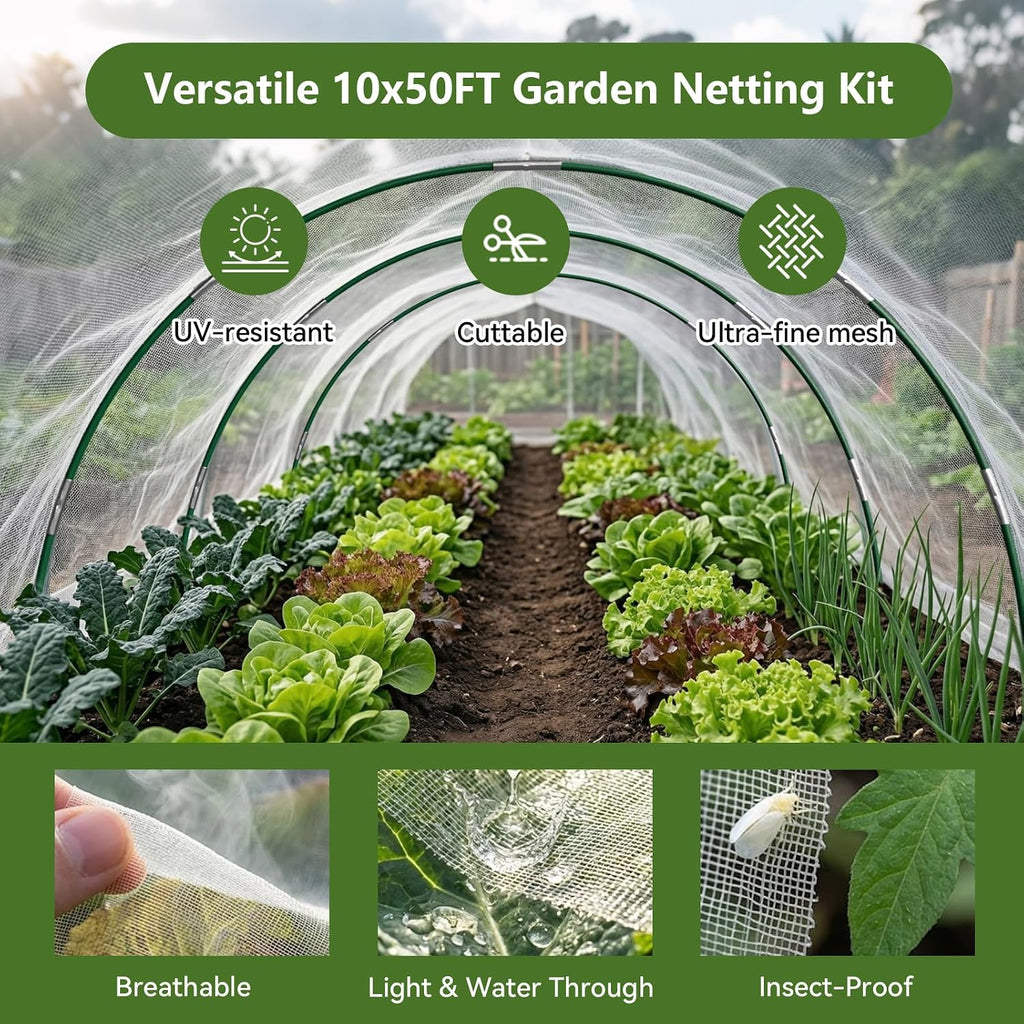 Garden Netting Kit for Raised Beds, 10x50FT Ultra Fine Mesh Netting＆ 6 Sets of 8FT Fiberglass Garden Hoops, Row Cover