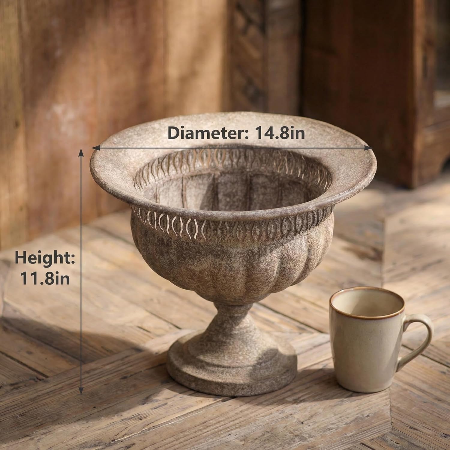 Vintage Urn Planter with Embossed Pattern, Imitation Stone Finish Flower Pot, Distressed Classic Plant Pot for Outdoor