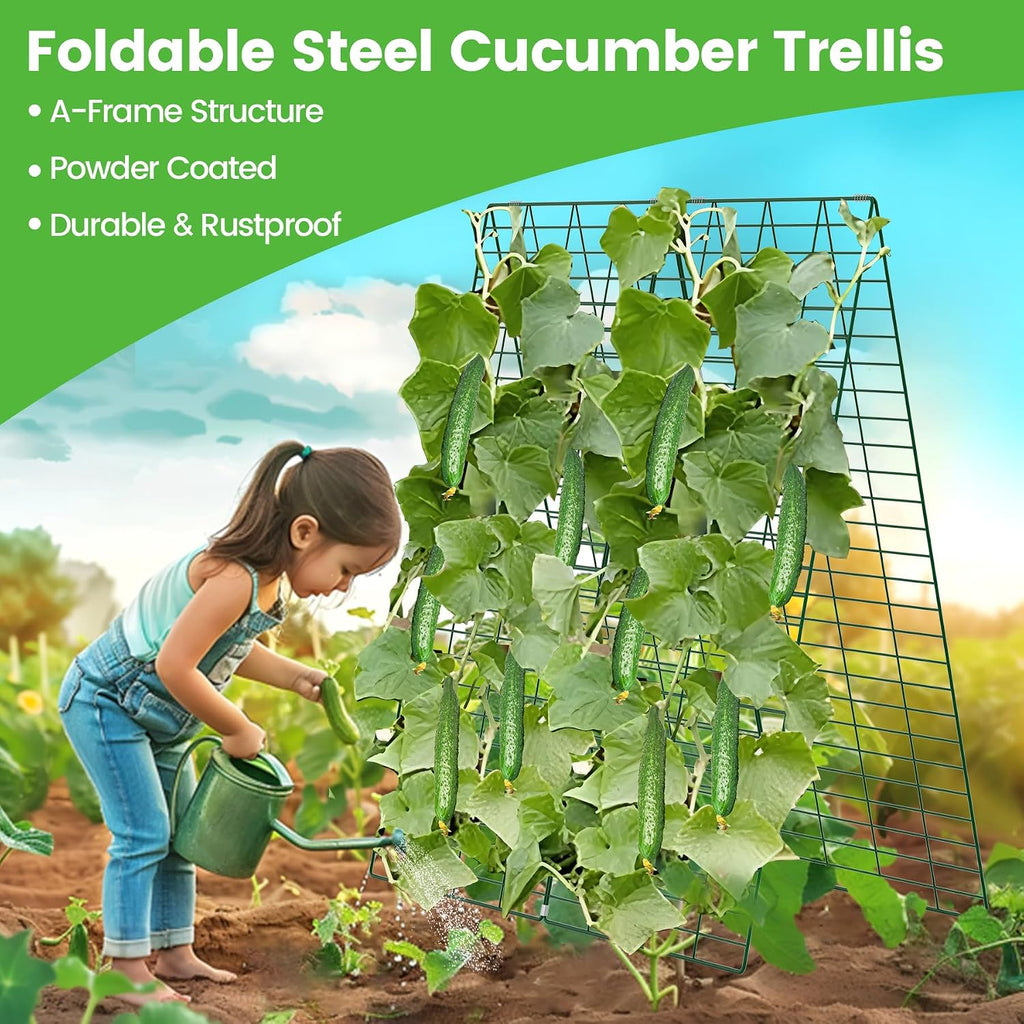 Foldable Cucumber Trellis 48" L x 34" W | A-Frame Trellis, Climbing Plants Support Raised Bed Trellis with Twist Ties &