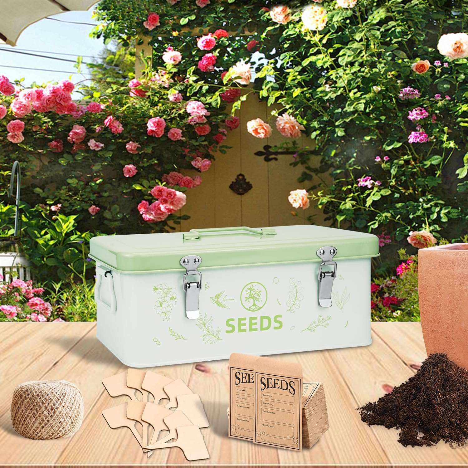 Seed Storage Box, Seed Storage Organizer with Garden String, 30 Seed Envelopes and Bamboo Plant Labels, 4 Compartments
