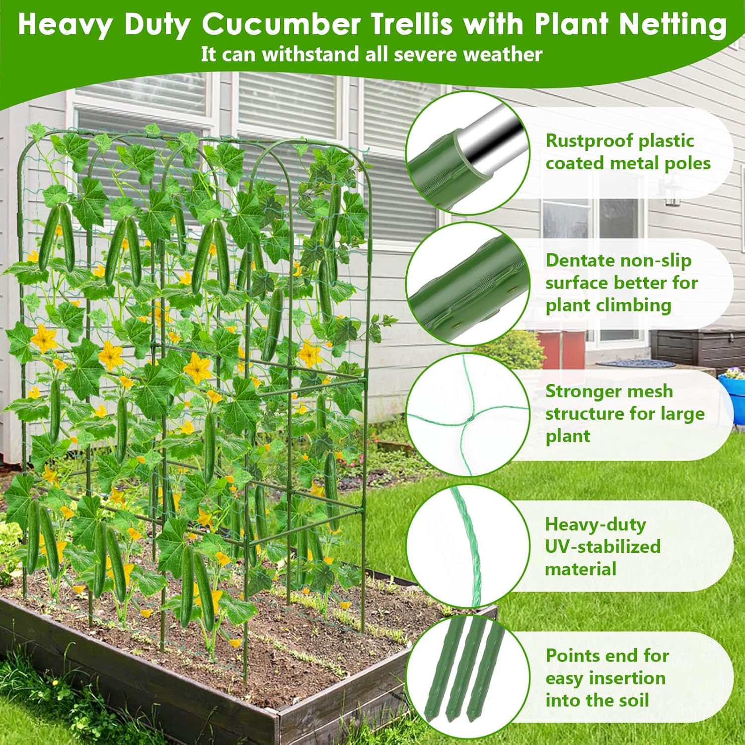 ROADPLUM Cucumber Trellis for Climbing Plants with Grow Bag, 61" Tall Metal U-Frame Garden Trellis for Raised Bed with