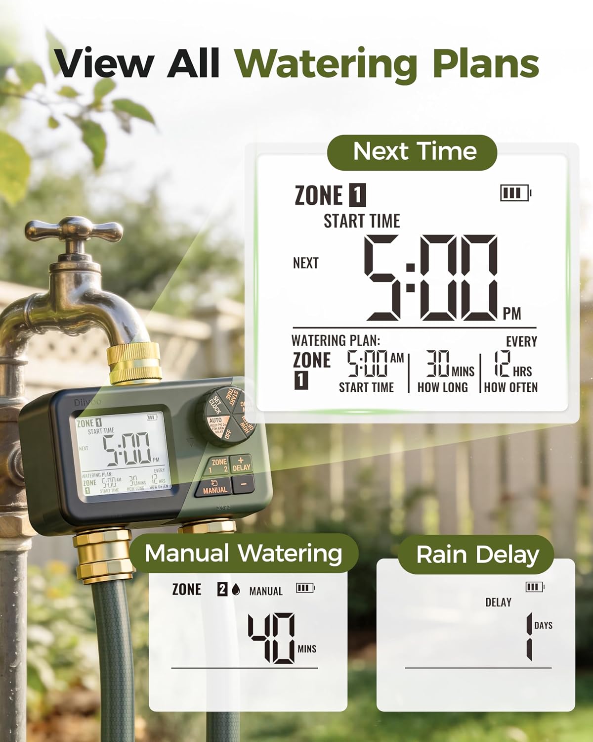 Diivoo Brass Hose Timer 2 Outlet, Sprinkler Timer for Garden Hose | IP66 Waterproof, Large Display Easy Program, Rain