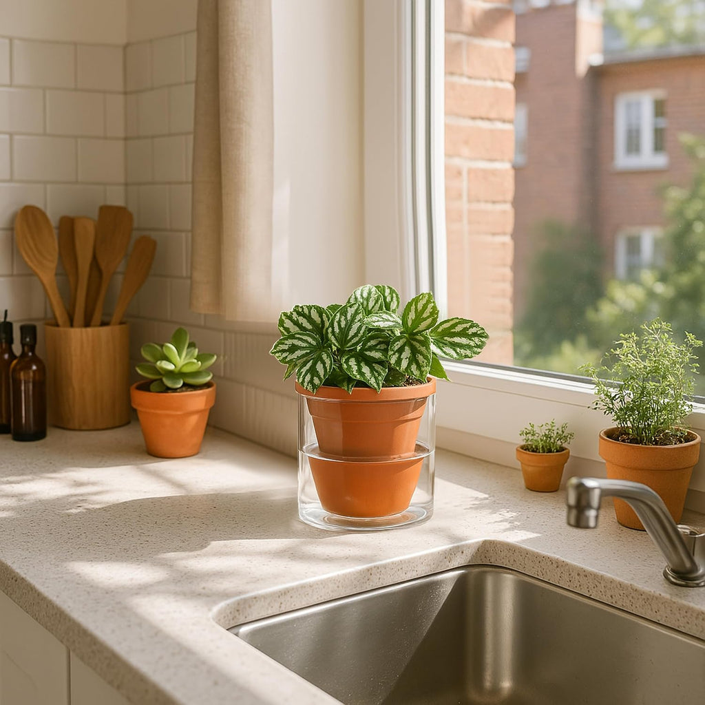 D'vine Dev Self Watering Terracotta Planter Pot, 4 in, 4-Pack, 37-Z-A-1-F | Terracotta & Glass Design, Clear Water